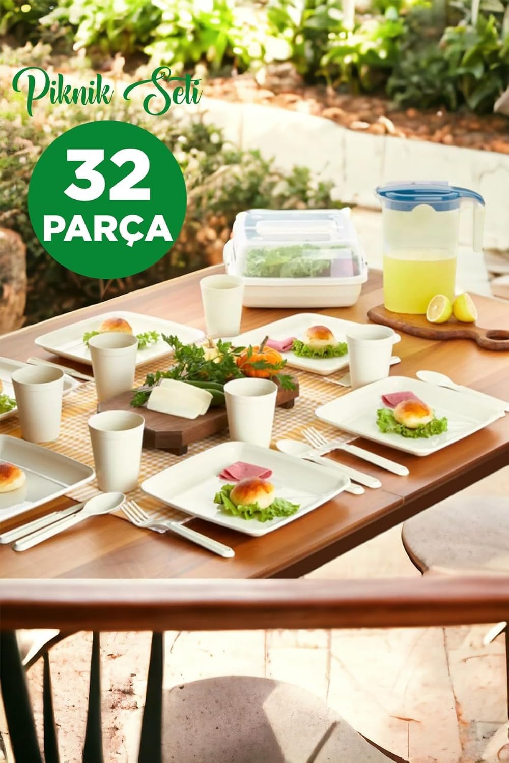 32 Parça Kare Piknik Seti Tabak Çatal Kaşık Bıçak Bardak (Krem)