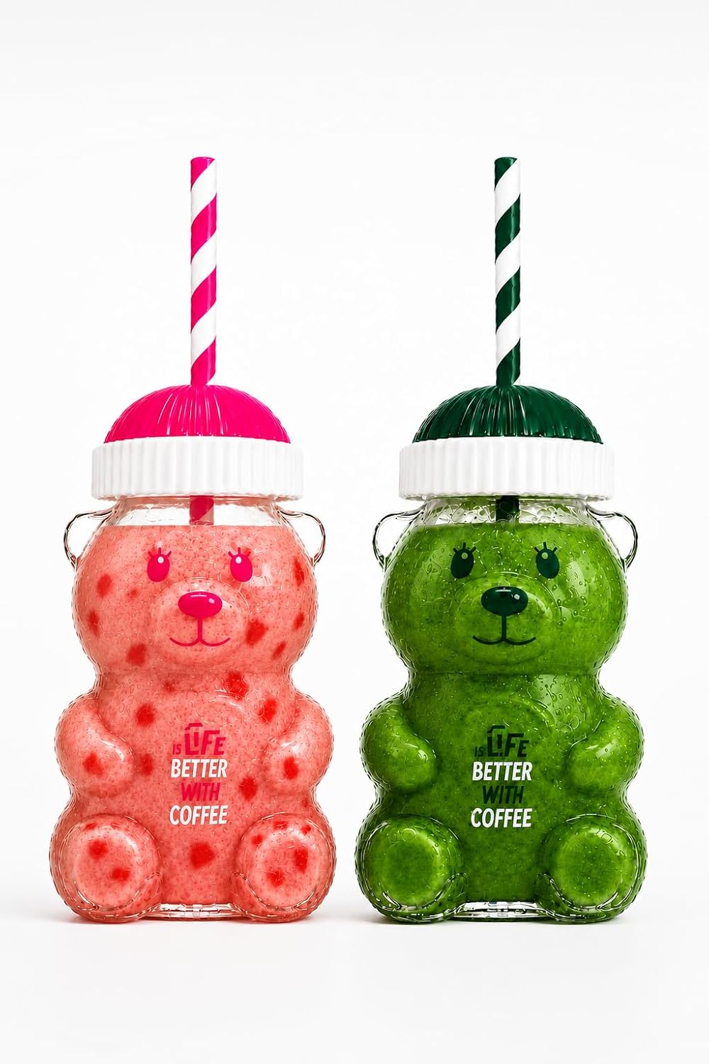 Ayıcık Cam Bardak 500 ml Şeffaf Kalın Cam Kağıt Pipetli Soğuk İçecek, Kahve, Detoks ve Frozen için Uygun Renkli Detaylı (Ayıcık, Pembe Yeşil)