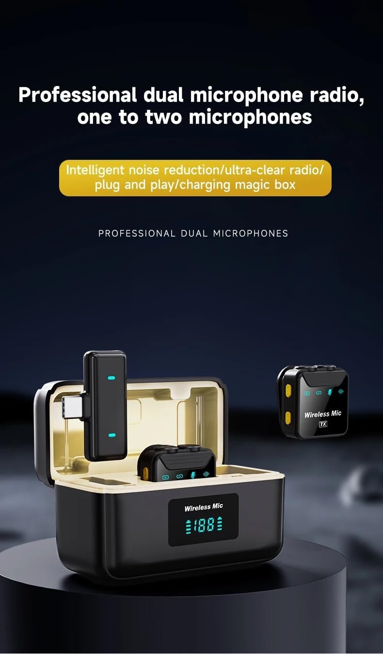 Kablosuz Yaka Mikrofonu – BT 5.2, Çift Mikrofon Desteği, 2.4GHz, ANC/ENC Gürültü Engelleme, 360° Ses Toplama, 20-30m Çekim Mesafesi, Taşınabilir Şarj Kutulu | SX22