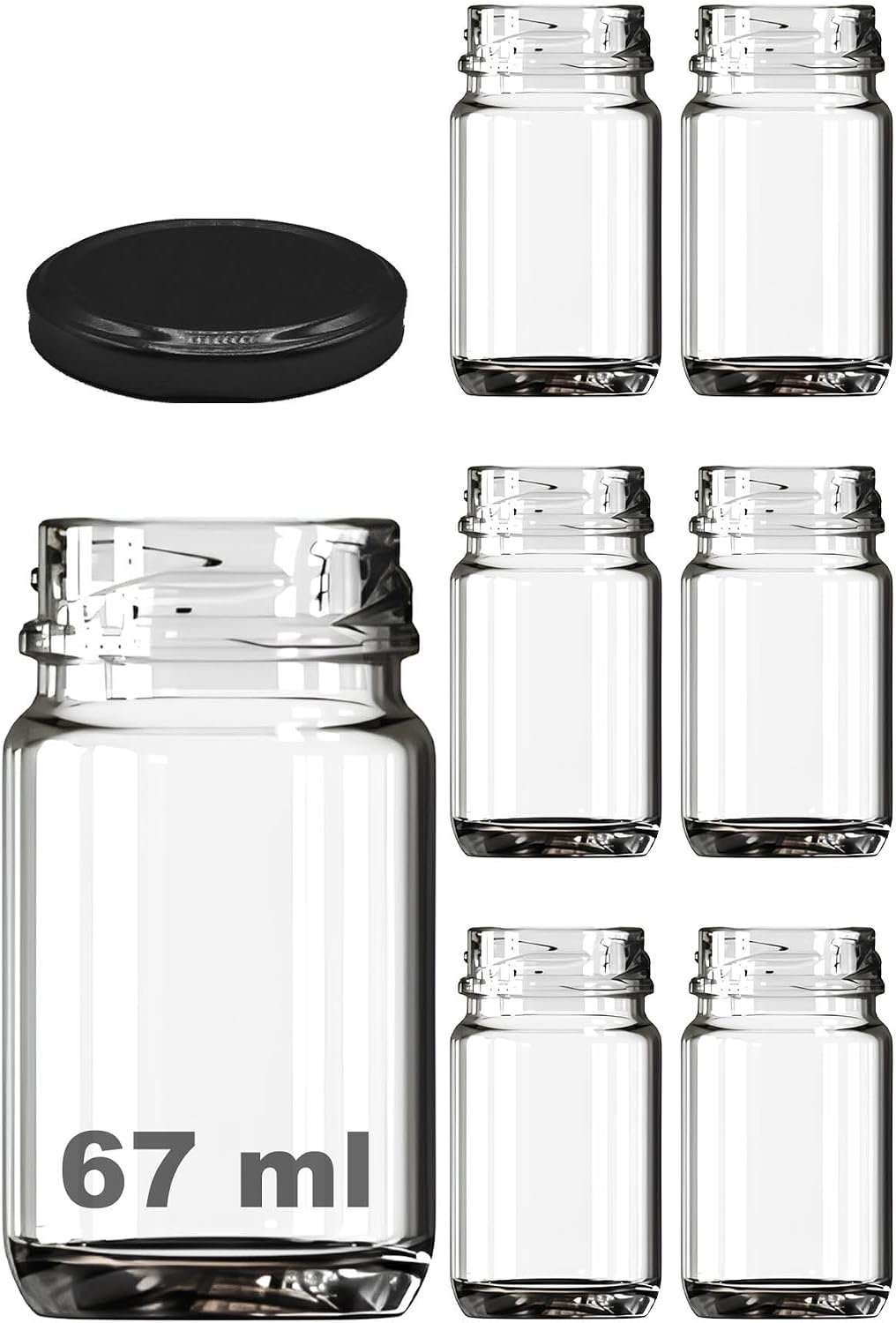 67 ml Şeffaf Shot Kavanoz 67 cc Konserve Metal Siyah Kapaklı Cam Kavanoz 6 Adet