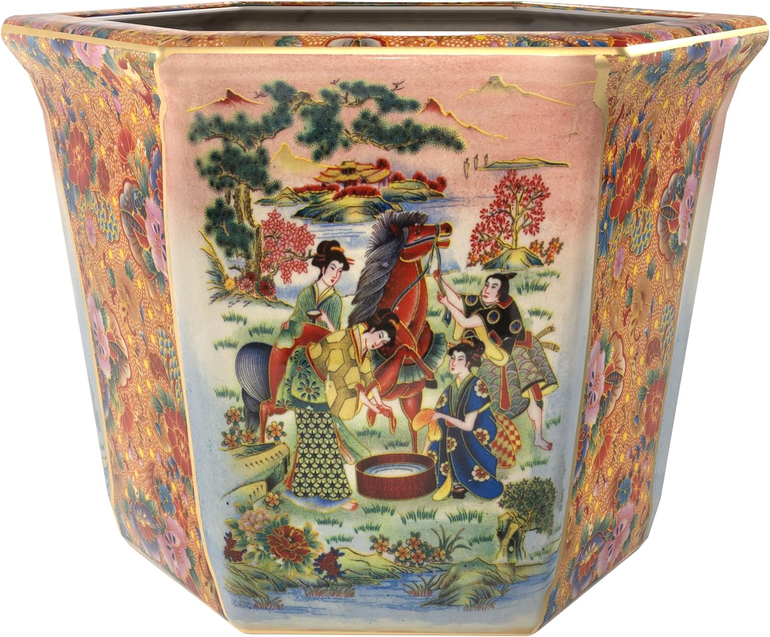 ORIENTAL Furniture 10 inç Çayır Porselen Çiçek Saksısı İçinde At