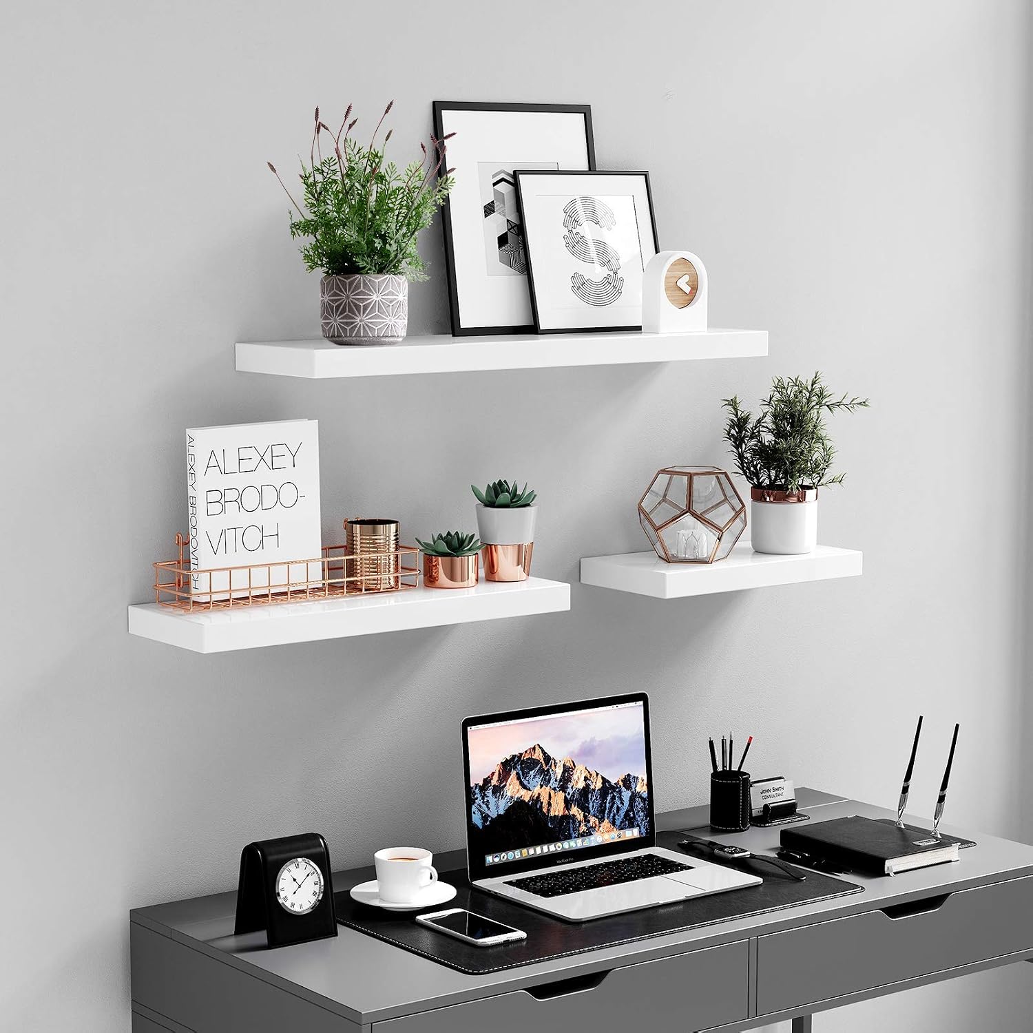 Duvar Rafı, kitaplar, resimler, dekorasyon, asılı Raf, 40 x 20 x 3,8 cm, ofis Rafı, MDF, Oturma Odası, mutfak, Koridor, Yatak Odası, banyo için, beyaz LWS24WT