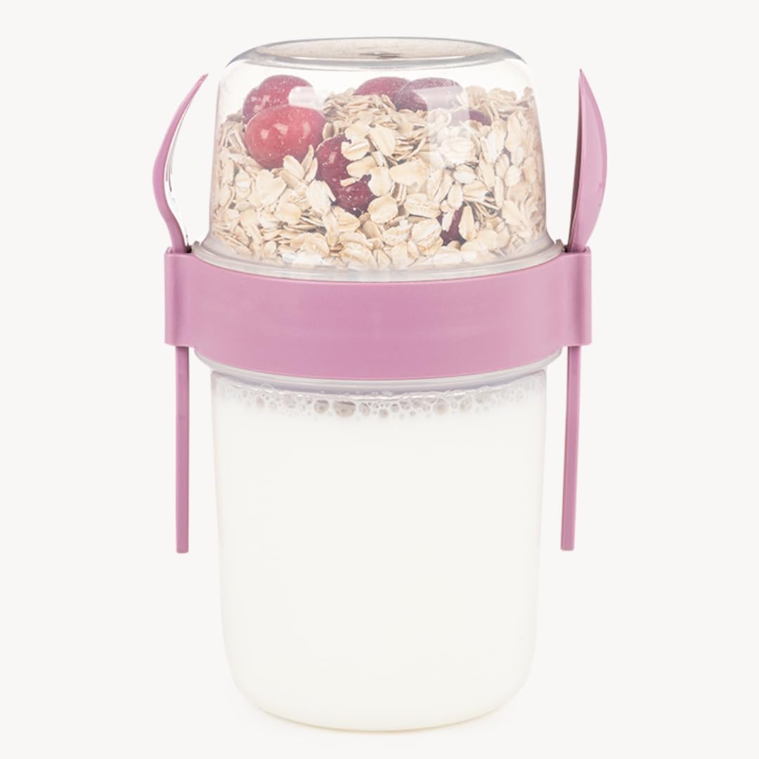 650 ml Take-go Kaşıklı Hazneli Meyveli Müsli Kabı Piknik Iş Yoğurt Süt Bardağı Kapaklı ve Kaşıklı Kahvaltı Bardakları, Tahıl Tepesi Yulaf Ezmesi Granola (Pembe)