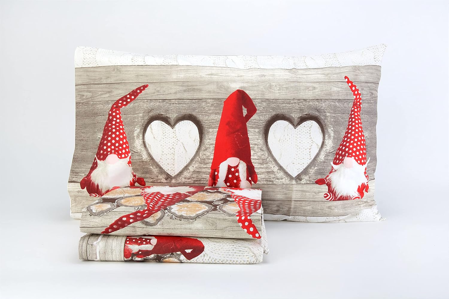 İtalya'da Flanel Nevresim Set% 100 Sıcak Pamuk Yapımı | Gömme Sac 160 x 300 cm + Gömme Sac 90 x 200 cm + Kapak Yastık 50 x 80 cm | Gnome Baskı [Kırmızı, 1P]