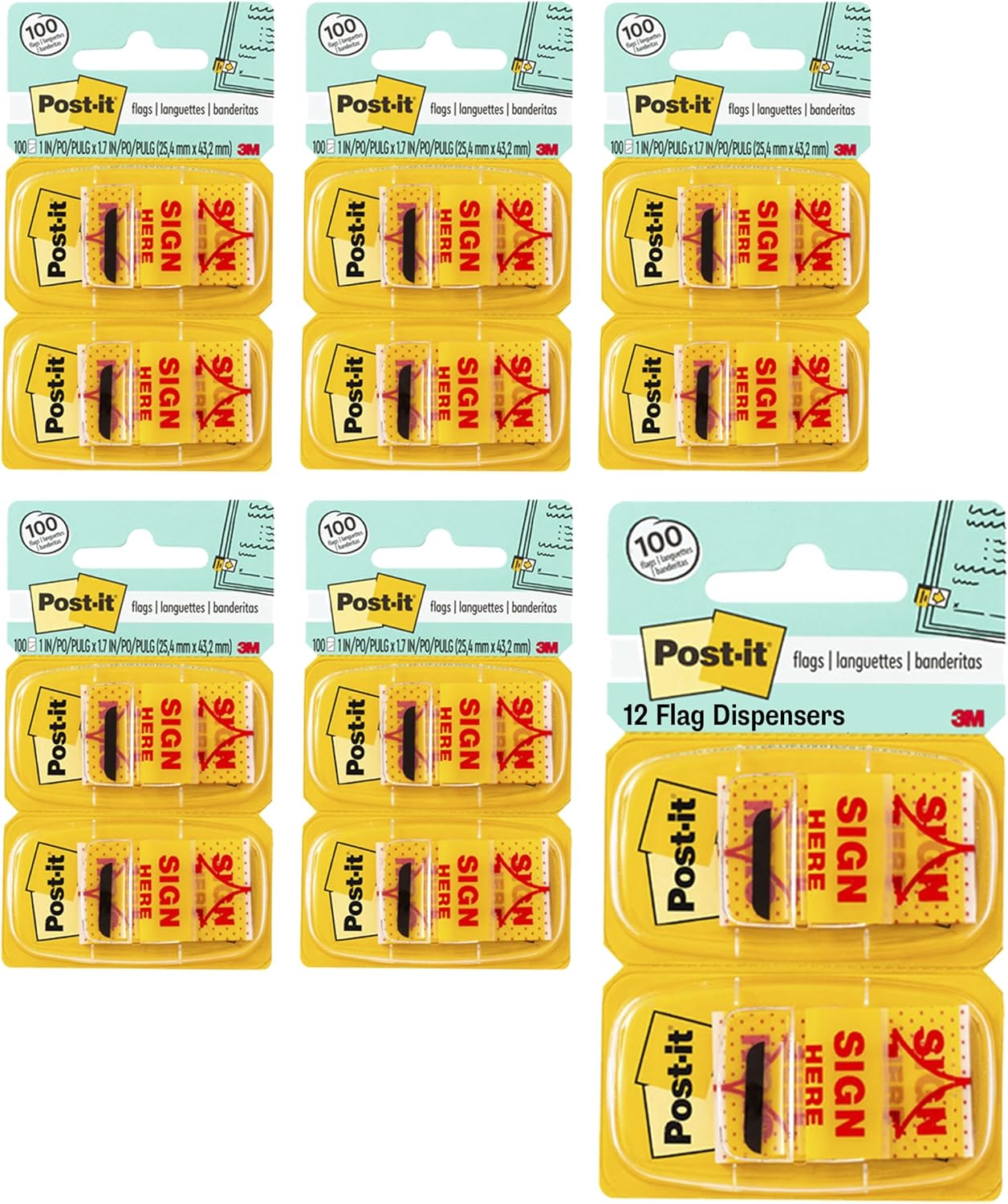 Post-it Mesaj "Sign Here" Bayrakları Değer Paketi, 50/Dispenser, 12 Dispenser/Paket, 1" Geniş, Sarı (680-SH12)