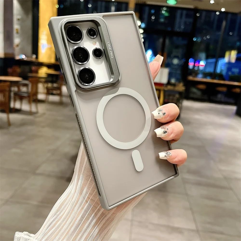 Samsung Galaxy S23 Ultra ile uyumlu Kamera Lens Aparatlı Stand Olabilen Magsafe ile uyumlu Kamera Korumalı Şeffaf Full Color Magnetic Wireless Telefon Kılıfı (Gri, Galaxy S23 Ultra)