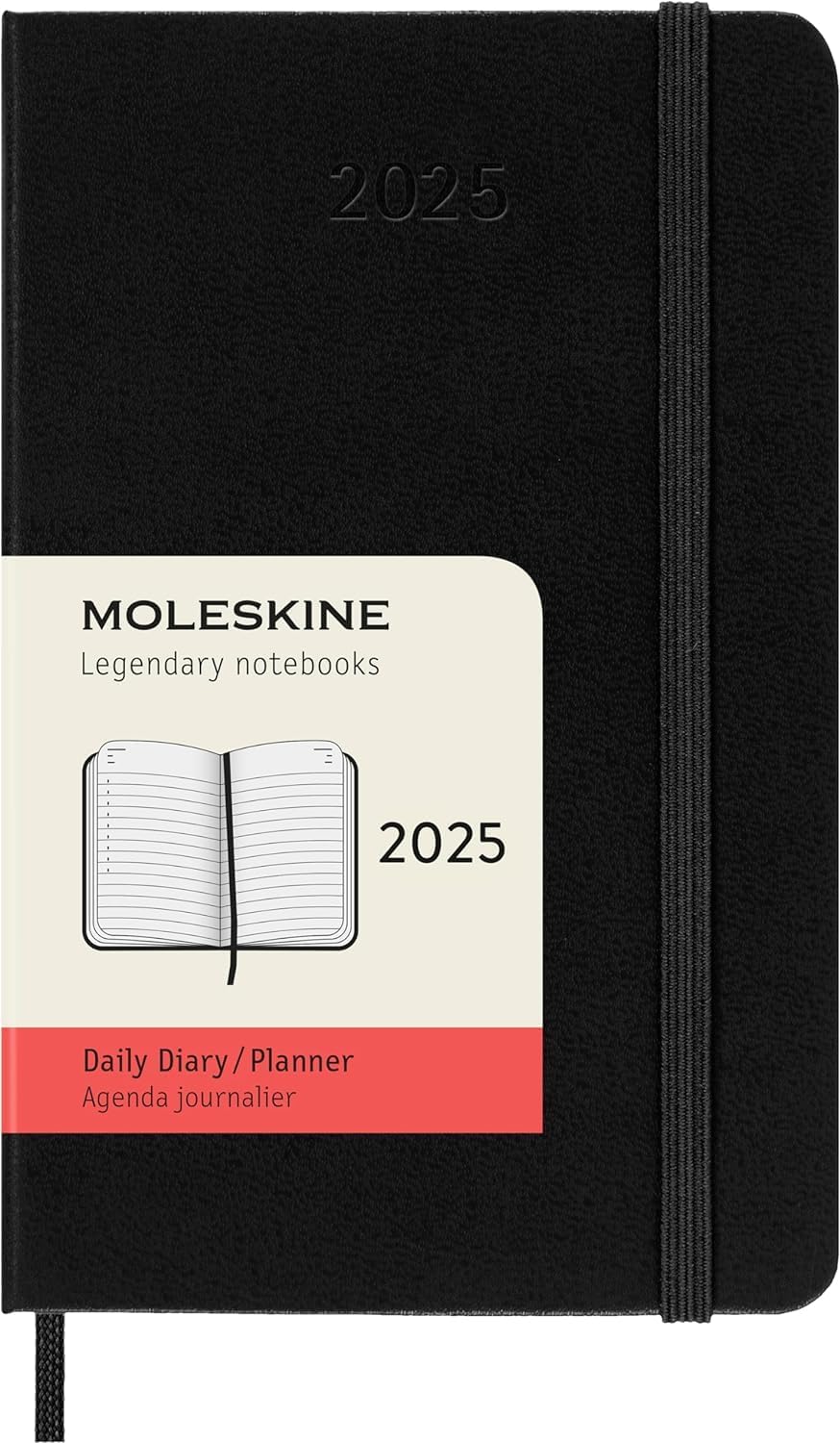 Günlük planlayıcı, 12 aylık günlük planlayıcı 2025, sabit kapak ve elastik kilit, renk siyah, çanta formatı 9 x 14 cm