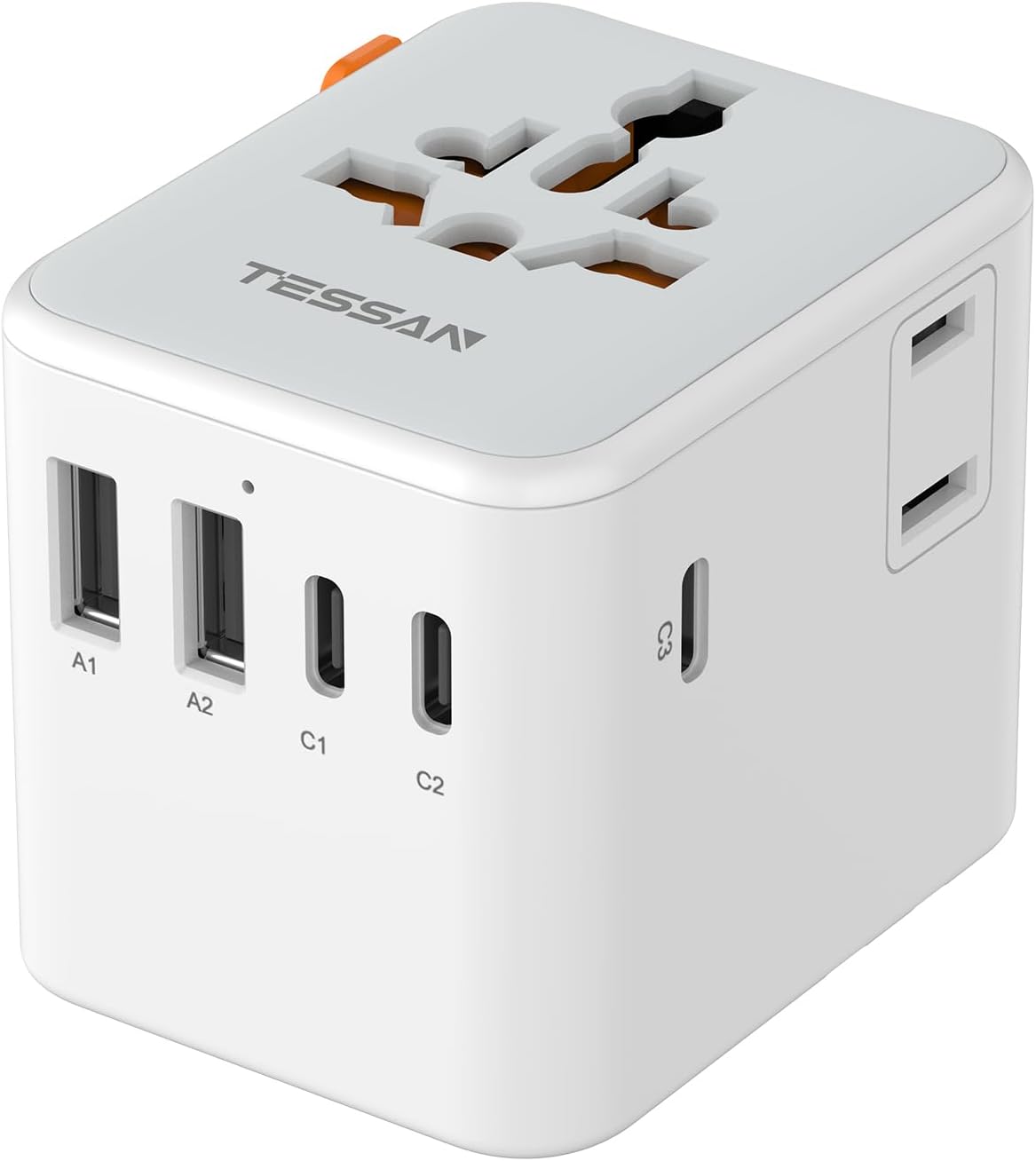 Evrensel Seyahat Adaptörü, 5 USB Portlu (1 USB C) Uluslararası Fiş Adaptörü, ABD'den Avrupa Birliği, İngiltere, Avustralya ve İrlanda'ya Dünya Çapında Elektrik Prizi