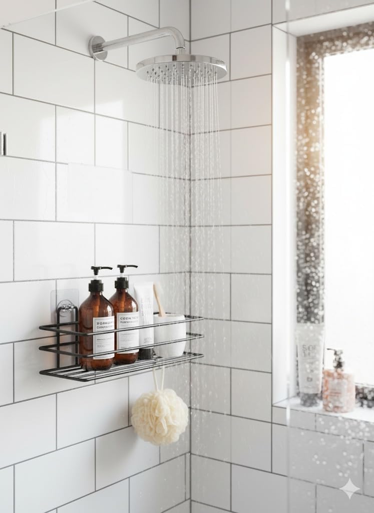 Yapışkanlı Siyah Banyo ve Mutfak Rafı – Tek Katlı Düz Şampuanlık ve Baharatlık, Delmeden Montaj, Matkap Vida Gerektirmeyen Su Geçirmez Duvar Organizeri (1 Adet)