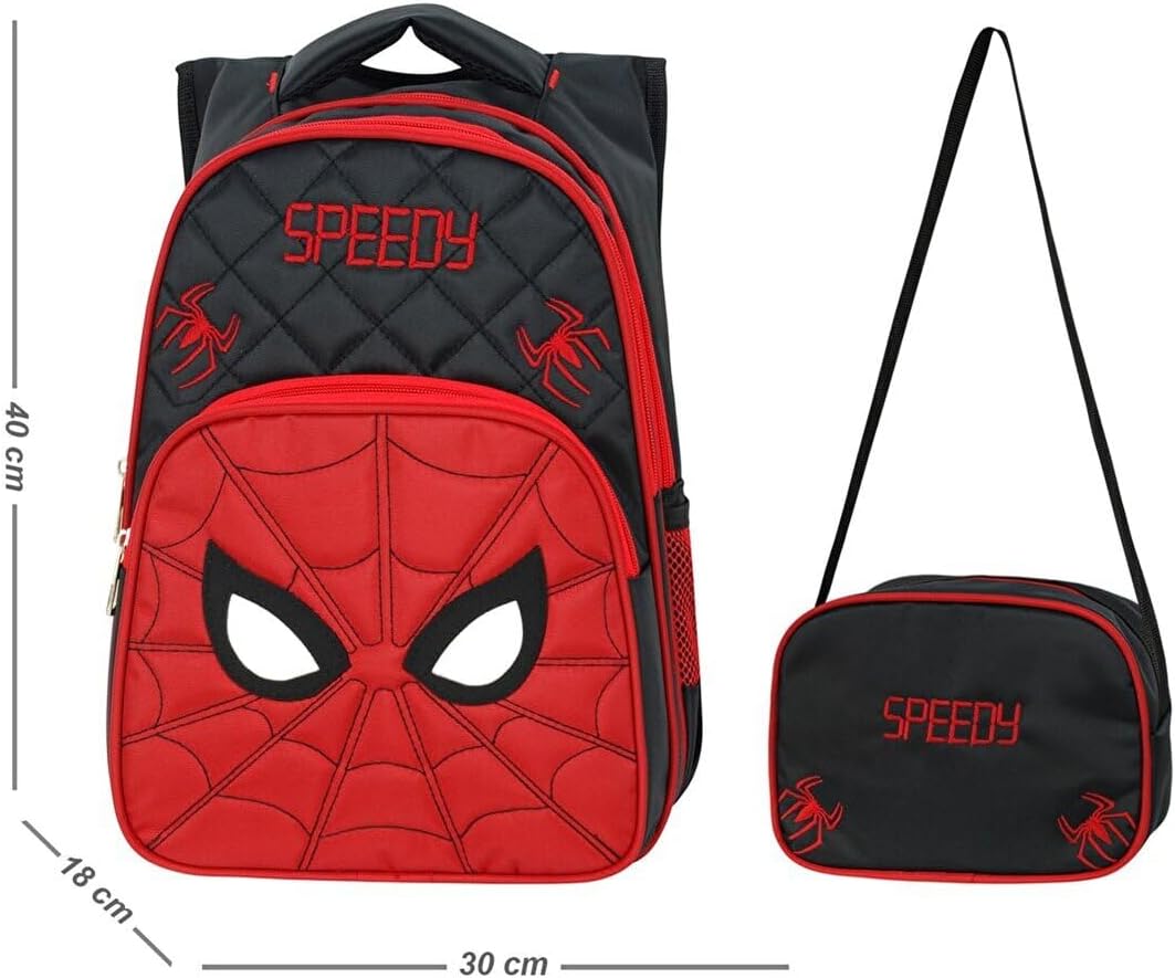 Ilkokul Beslenme Çantalı Set Okul Çantası Erkek Çocuk Örümcek Adam, Siyah Kırmızı, Ortapedik Sırtlık, 40x28 cm