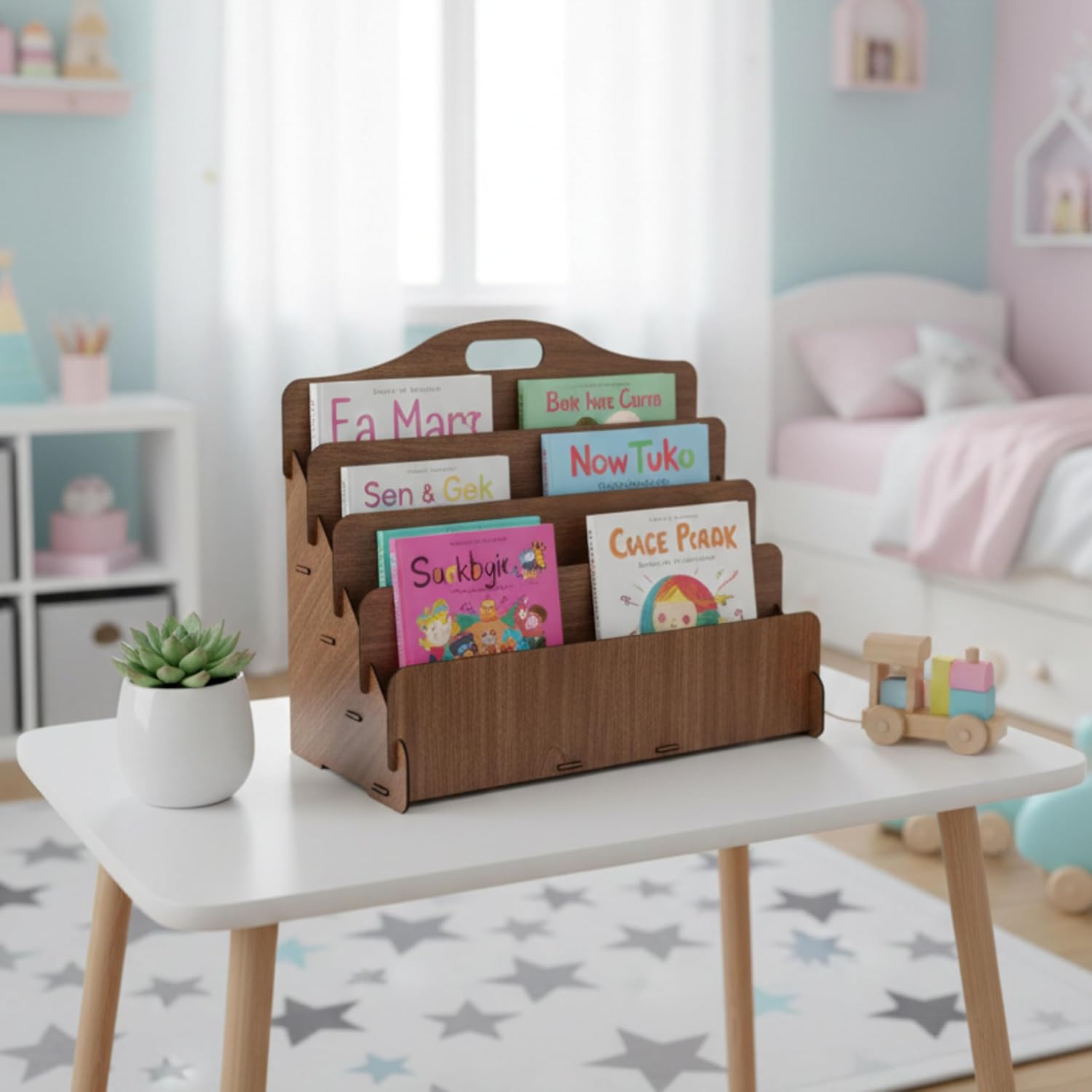 Carry Montessori 4 Raflı Ahşap Mini Kitaplık -Çocuk Odası Kitaplık (Ceviz Renk)