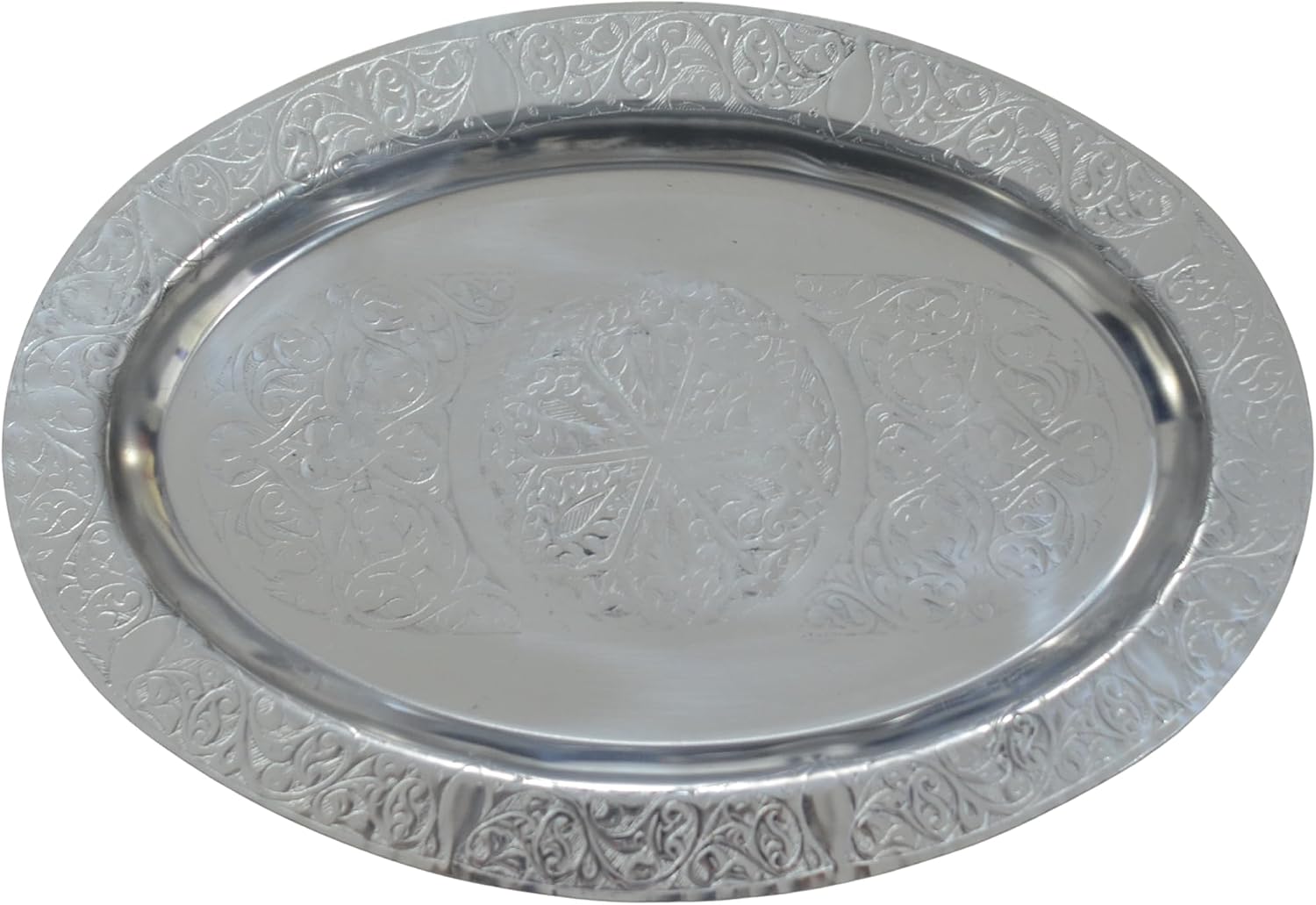 Paslanmaz Çelik Tepsi – 304 Kalite Krom Parlak Yüzey, Elde Tasarlanmış Desenli Geniş Servis ve Sunum Tepsisi (34 cm)