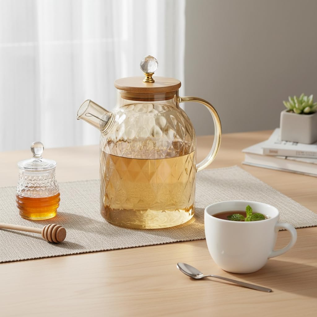 1600 ML Kristal Desenli Isıya Dayanıklı Cam Demlik - Ahşap Kapaklı, Gold Detaylı Büyük Boy Borosilikat Çaydanlık