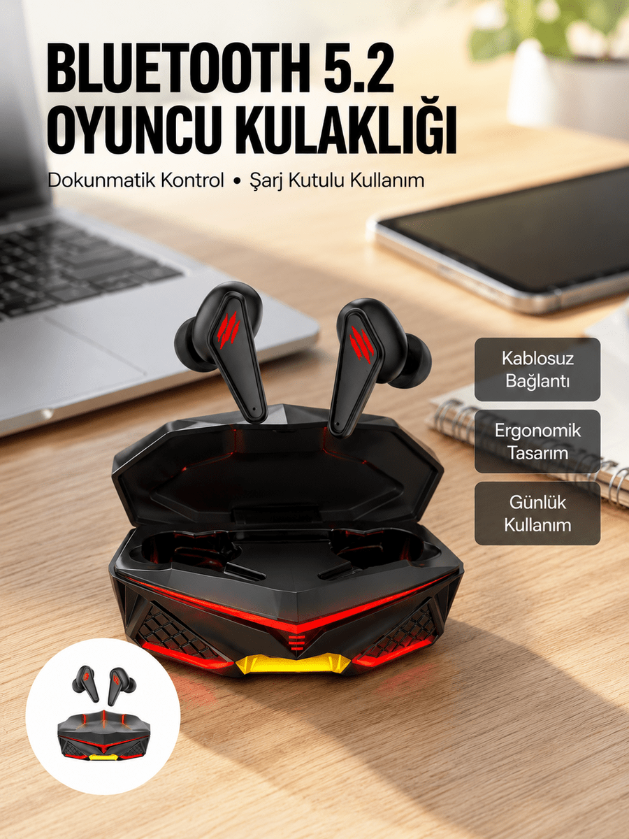 Profesyonel TWS Işıklı Kablosuz Bluetooth Kulaklık Oyuncu Kulaklığı Yeni Nesil
