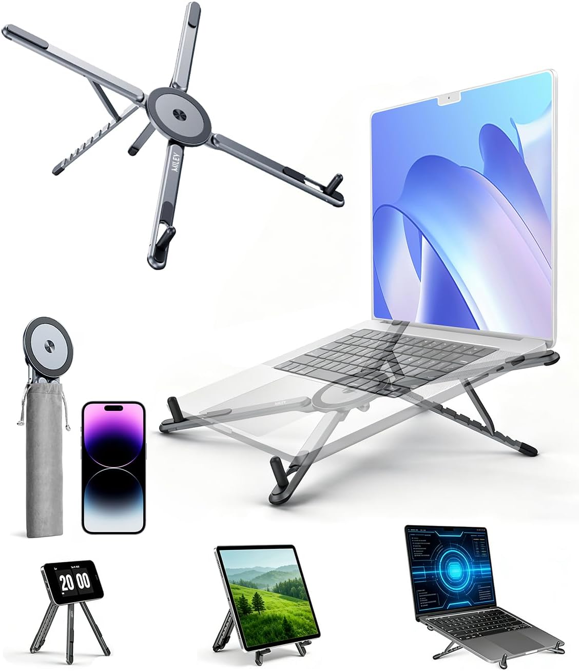 Masa için Taşınabilir Katlanabilir Dizüstü Bilgisayar Standı, Katlanabilir Ergonomik, 8 Seviyeli Yükseklik, 13-17 inç Dizüstü Bilgisayarlar, Alüminyum Yapı, Tripod Uyumlu, Taşınabilir, Saklama