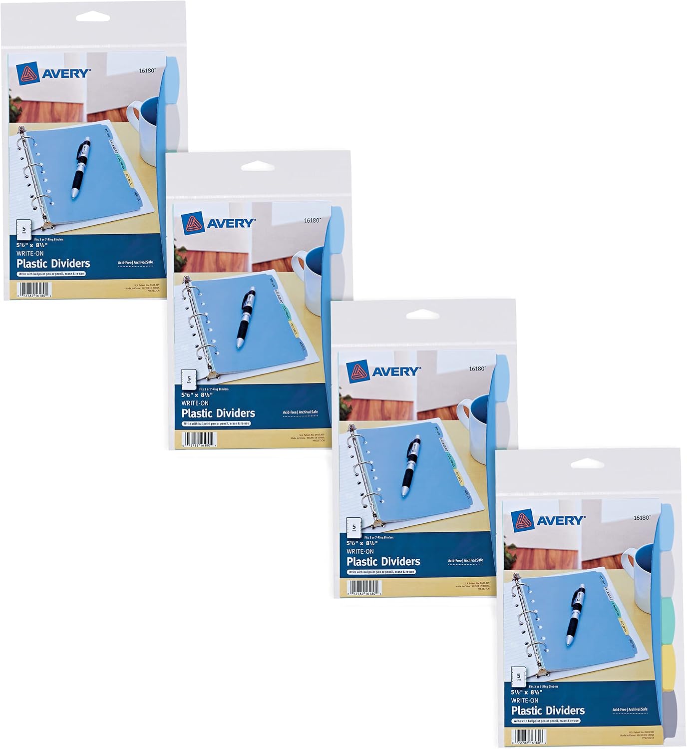 Yazın ve Silme Dayanıklı Plastik Mini Ayırıcılar, 3 Halkalı Klasör ve 7 Halkalı Klasörler için, 5,5 inç x 8,5 inç, 5 Sekmeli Setler, Çok Renkli, 4 Bölmeli Bölme Seti (21982)