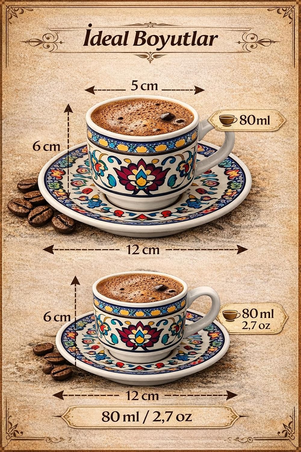 Renkli Desenli Porselen Türk Kahvesi Fincan Takımı, 2’li Set, Geleneksel Kahve Kültürünü Yansıtan Şık Fincan ve Tabak, Ev ve Ofis Kullanımına Uygun, 80 ml