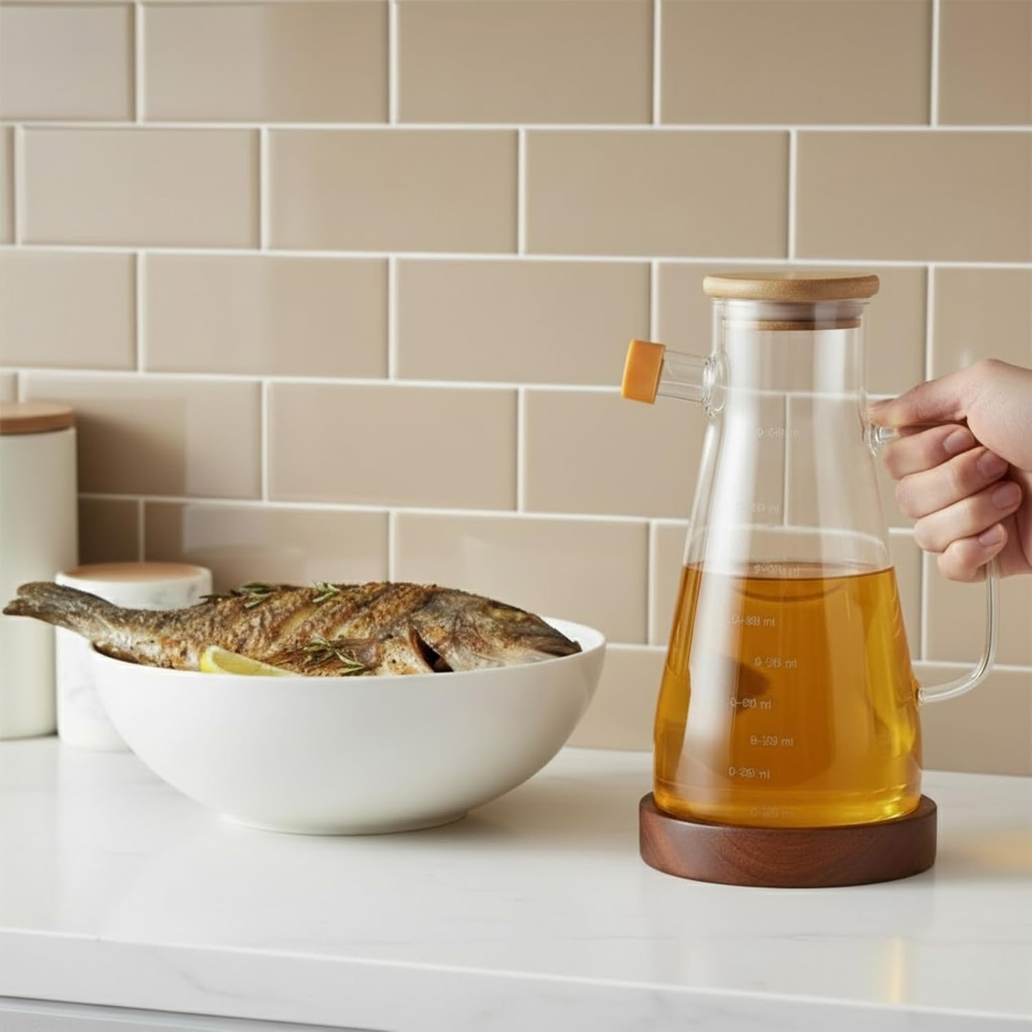 AmberHaus Kesten 900 ml Cam Yağdanlık | Ahşap Kapaklı ve Altlıklı | Şeffaf, Pratik Mutfak Yağ ve Sirke Şişesi