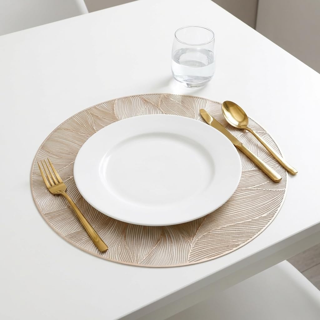 6'lı Plastik Amerikan Servis Seti, Yuvarlak 38 cm Gold Yaprak Desenli Supla, Yıkanabilir Silinebilir Tabak Altlığı, Yemek Masası Servis Sunum Matı