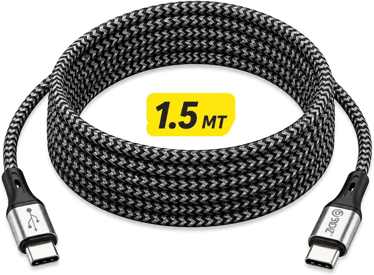 ByDiz Premium Örgülü USB-C - USB-C 60W Hızlı Şarj Kablosu, 1,5 m, PD Destekli Type-C Kablo, iPhone 15/16/17 Serisi, Galaxy S23/S24/S25, iPad, MacBook, Xiaomi Uyumlu, Siyah