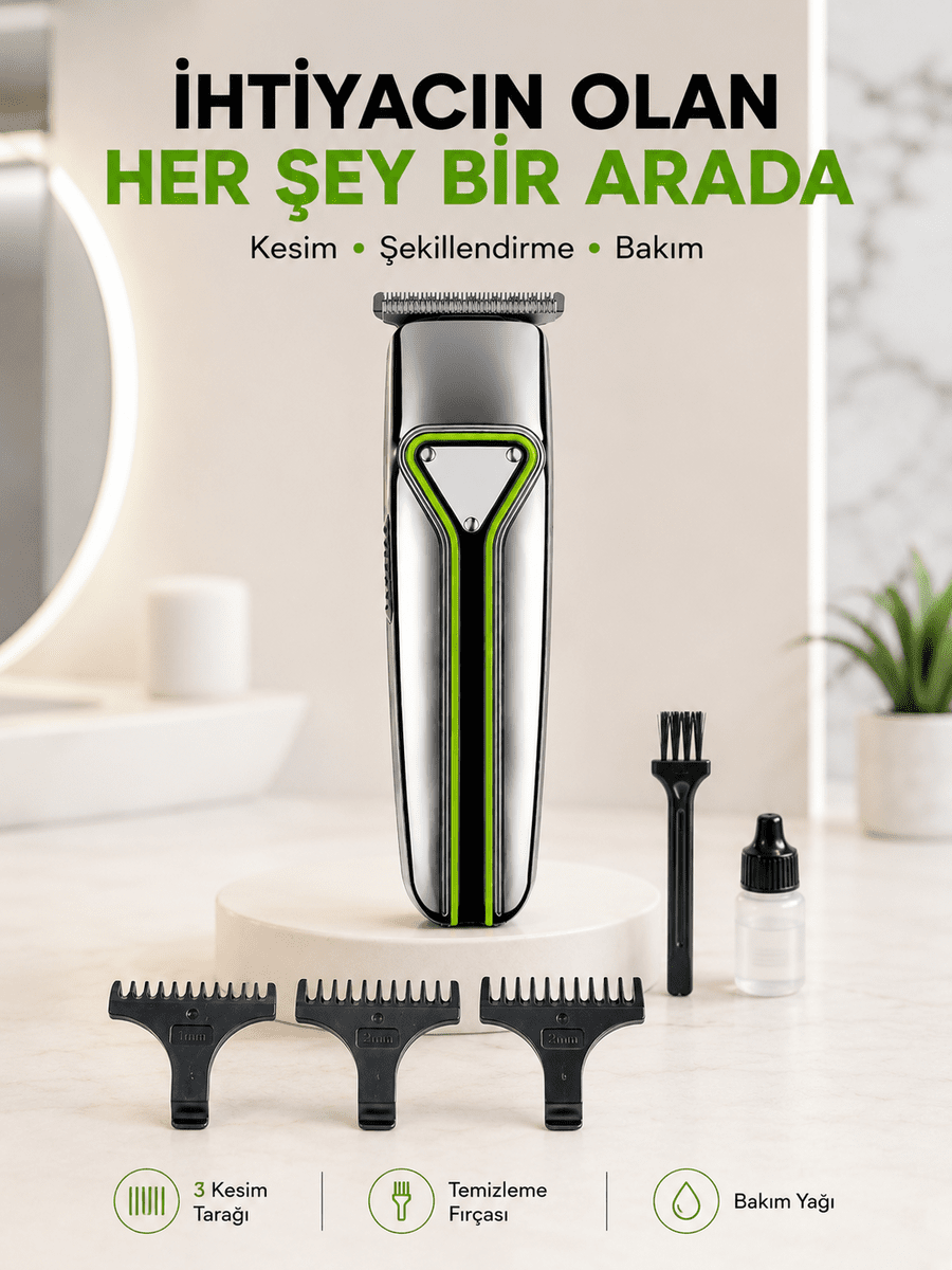 Profesyonel Saç Sakal Tıraş Makinesi T Bıçaklı Şarjlı Kablosuz 3 Taraklı Erkek Bakım Seti