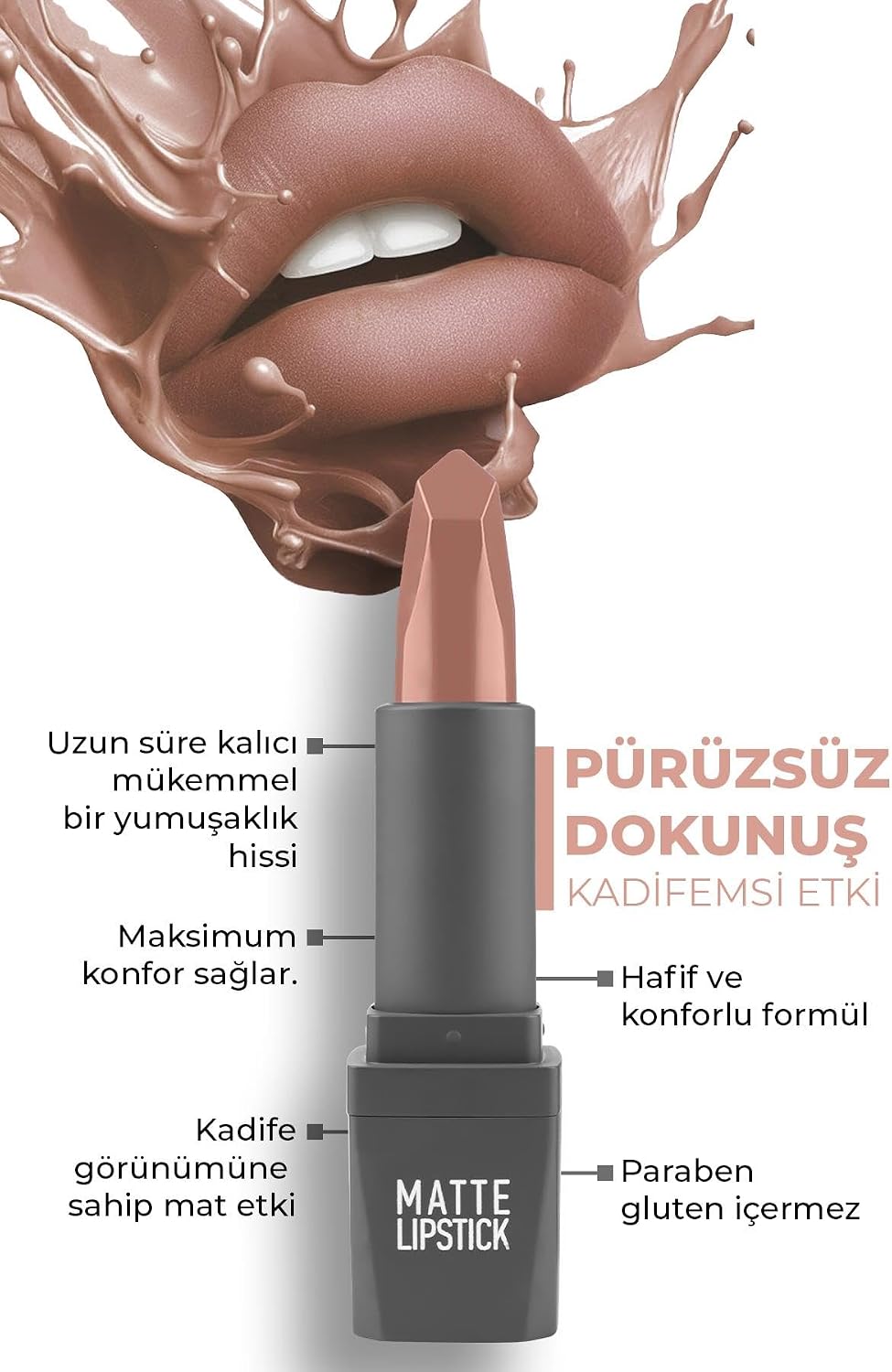 Yoğun Renk Veren Uzun Süre Kalıcı Nemlendirici Kadifemsi Mat Ruj - Matte Lipstick 402 Nude