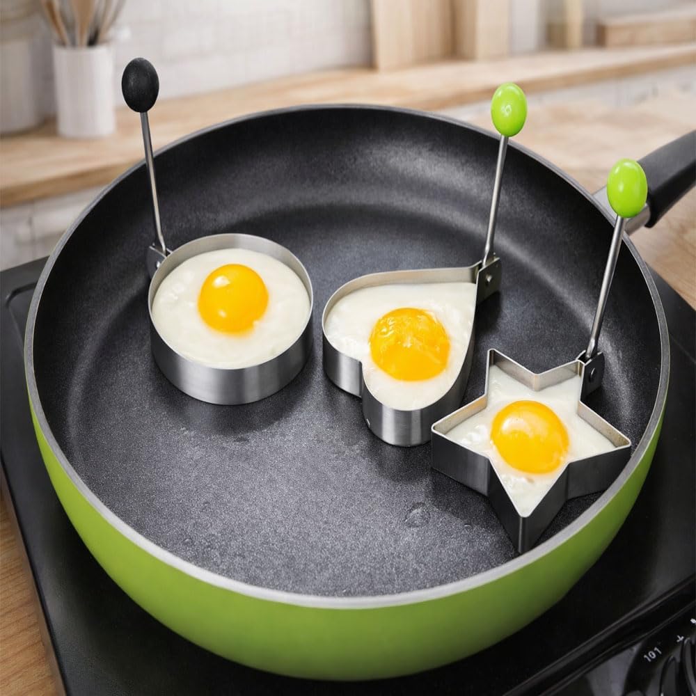 Kalp,Yıldız,Yuvarlak Şekilli Yumurta Kalıbı Saplı – Saplı Omlet ve Pancake Şekillendirici Kalıp | Yapışmaz Tavaya Uyumlu, Burger, Sandviç, Omlet ve Pancake İçin Pişirme Halkası (3 Lü Set)