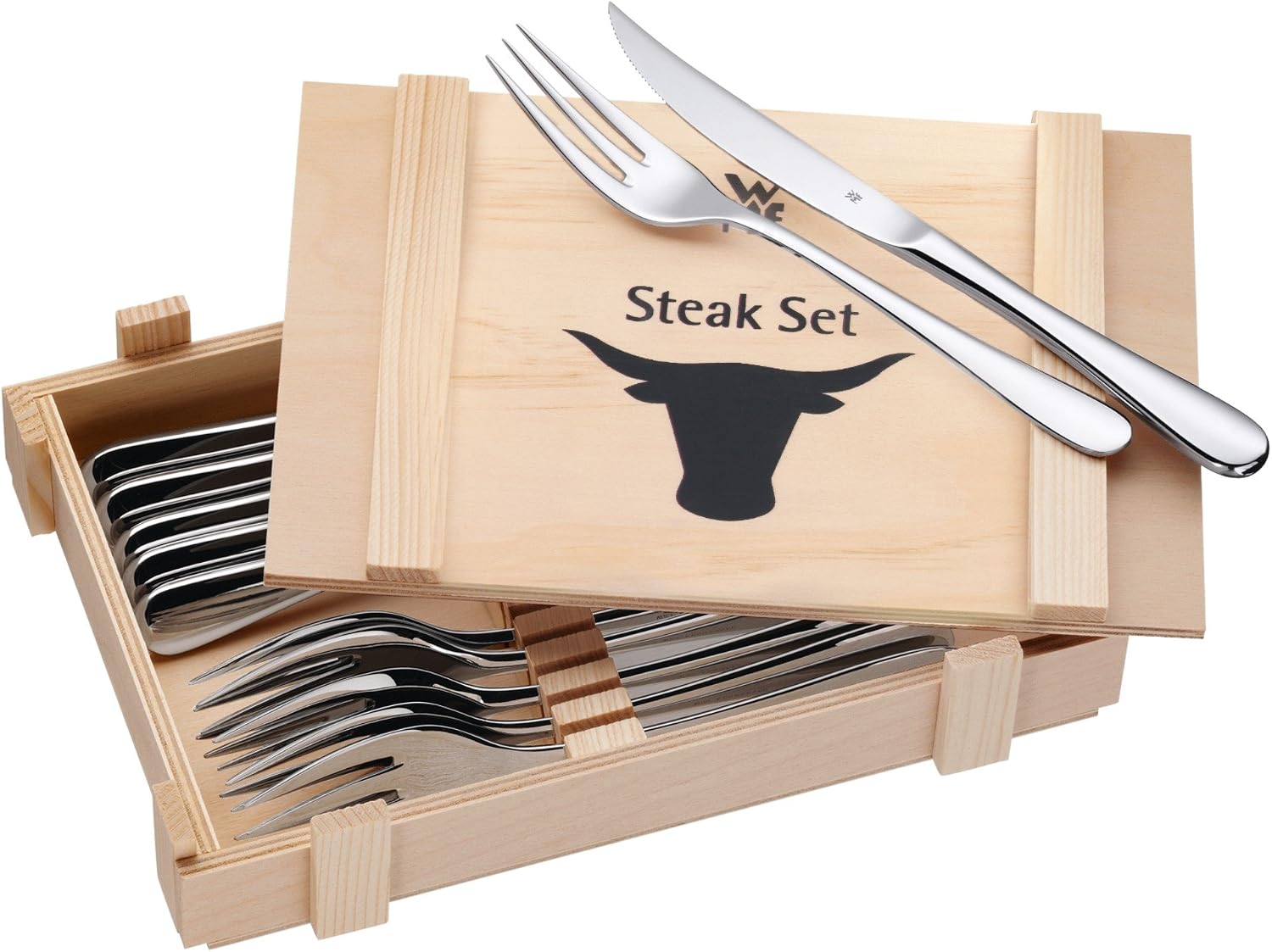12 Parça Steak Çatal Bıçak Seti, 6 Kişilik, Steak Bıçağı ve Steak Çatalı, Cromargan® Yüksek Kaliteli Parlak Paslanmaz Çelik, Ahşap Saklama Kutulu