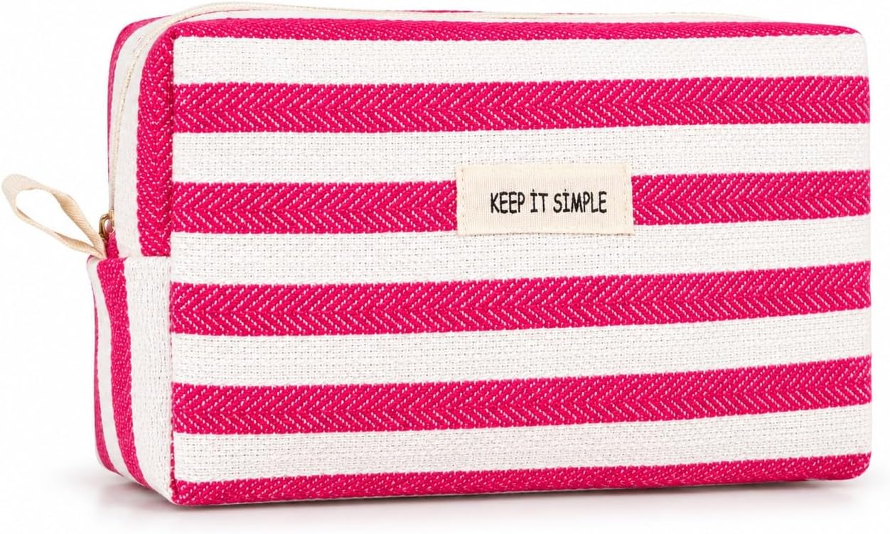 Keep It Simple Fuşya Pembe Çizgili Kanvas Makyaj Çantası - Şık Kozmetik Çantası, Seyahat Düzenleyici, Kalem Kutusu ve Çok Amaçlı Taşıma Kesesi