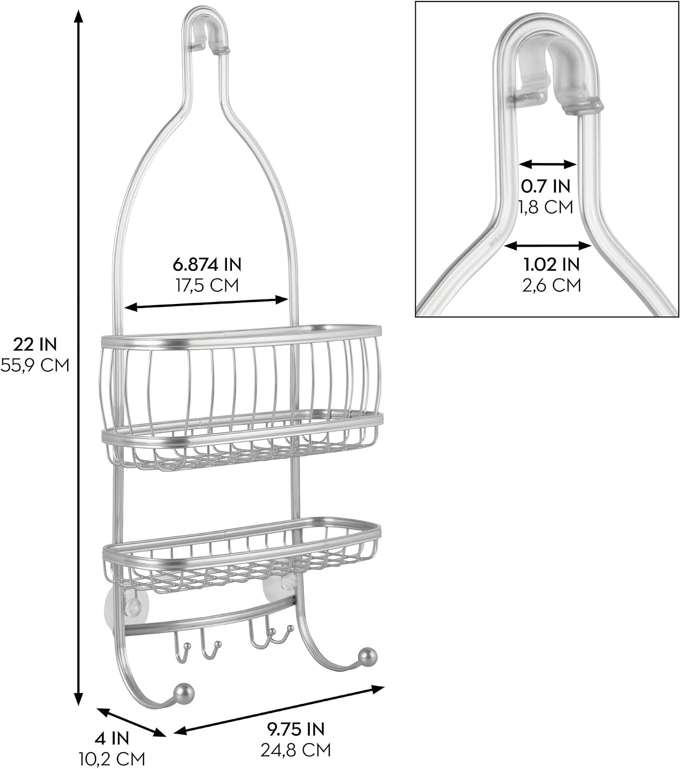 iDesign Metal Ekstra Geniş Asma Duş Caddesi, The York Collection - 25,4 cm x 10,16 cm x 55,88 cm, Gümüş