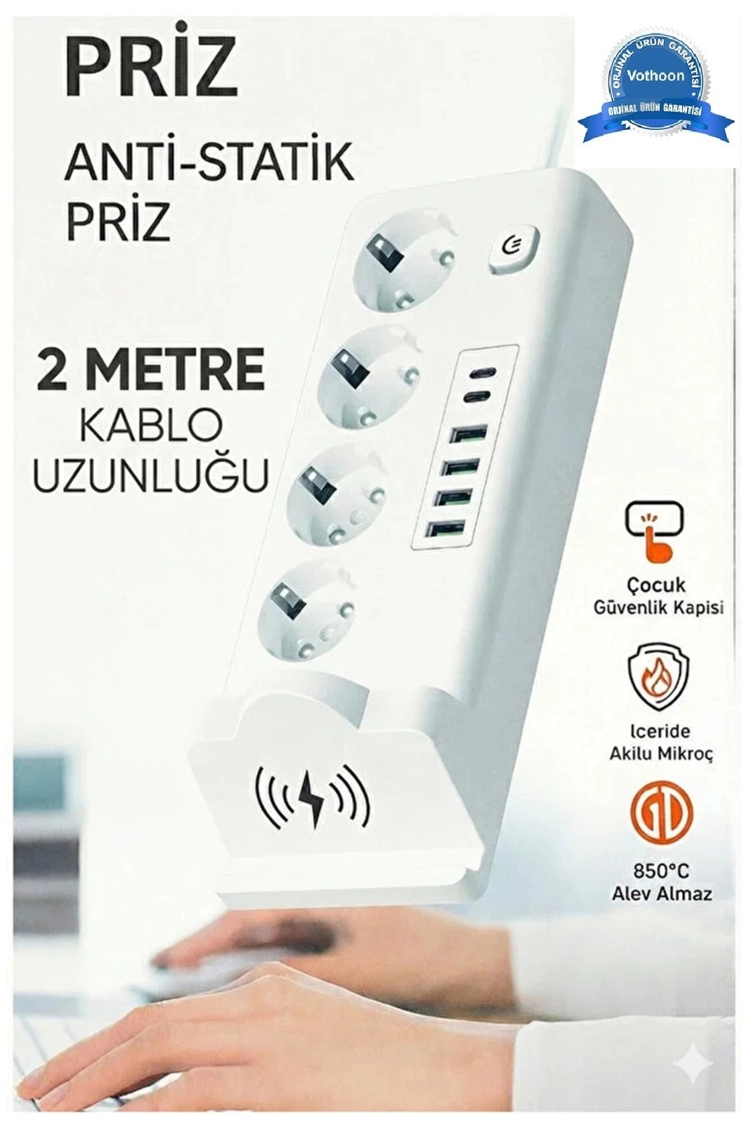 Akım Korumalı Kablosuz Şarjlı Masaüstü Priz | 4 Priz, 4 USB, 2 Type-C