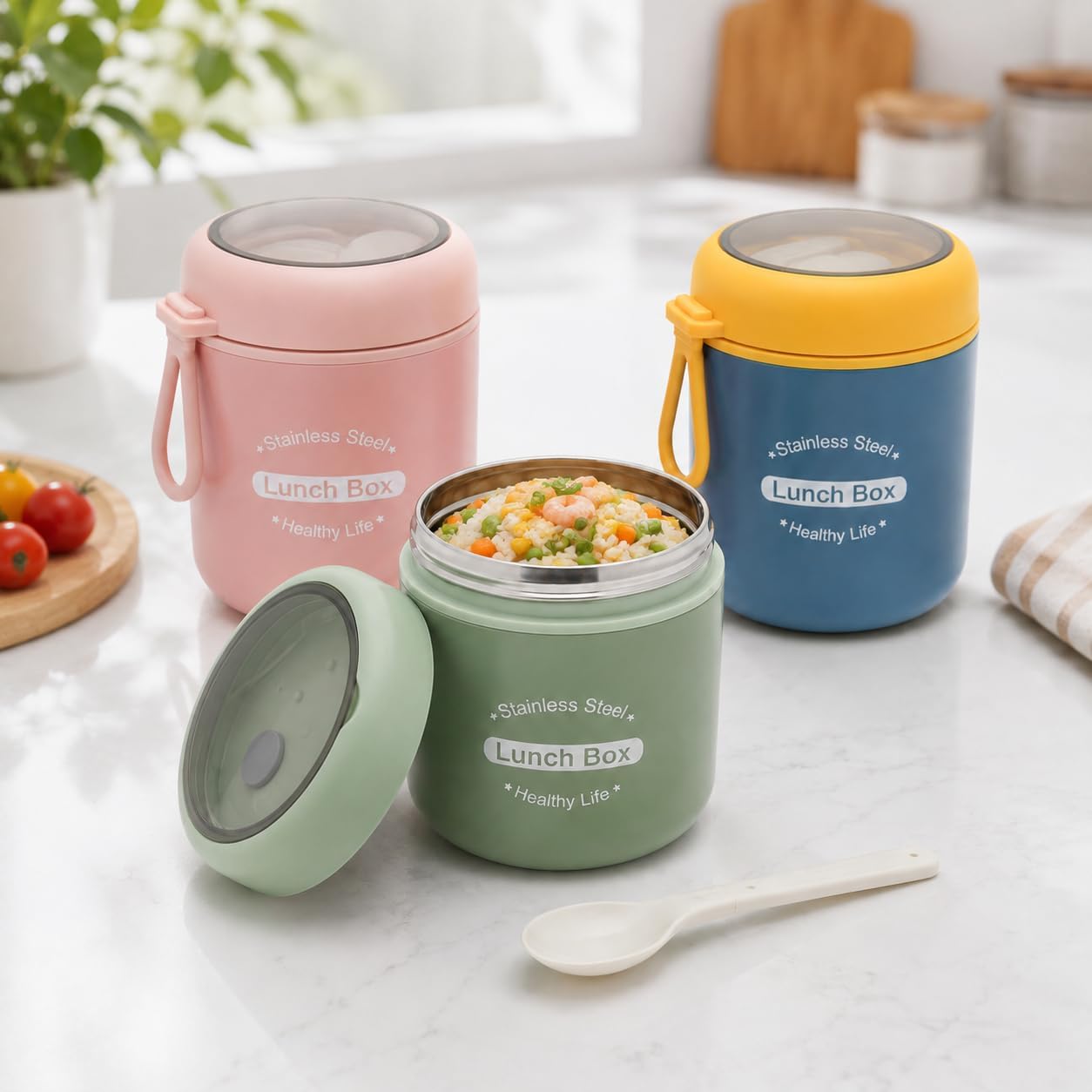Paslanmaz Çelik Yemek Termosu 530 ml, Kaşıklı Taşınabilir Yemek Kabı, Çelik İç Hazneli Lunch Box, Askılı Kapaklı Saklama Kabı, Pembe Yeşil Mavi Renk Seçenekli