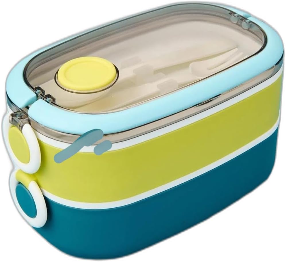 Bento 1300ml Lunchbox 2 Katlı 3 Bölmeli Paslanmaz Çelik Sefer Tası Yemek Kutusu (Mavi-Fıstık Yeşili)