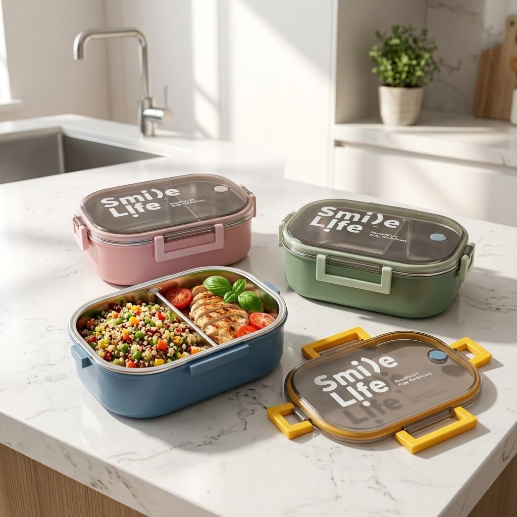 Paslanmaz Çelik Yemek Kabı 980 ml, Bölmeli İç Hazneli Kilitli Kapaklı Lunch Box, Mavi Yeşil Pembe Renk Seçenekli Taşınabilir Saklama Kabı, 21,5x15x7,8 cm