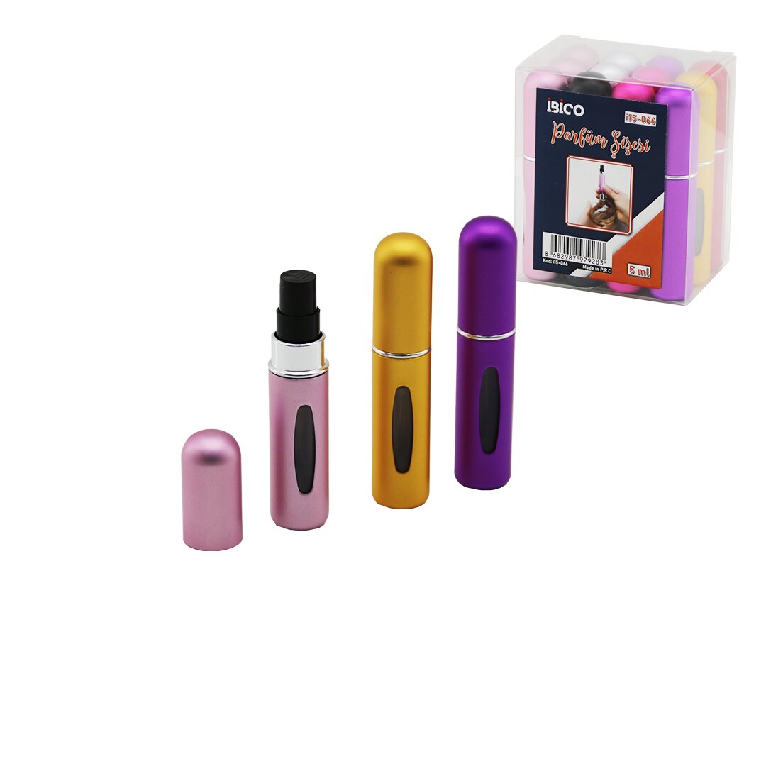 12 ADET MİNİ=CEP - ÇANTA BOY BOŞ SPREY PARFÜM ŞİŞESİ 5ML RENKLİ PLS. SEVİYE PENCERELİ