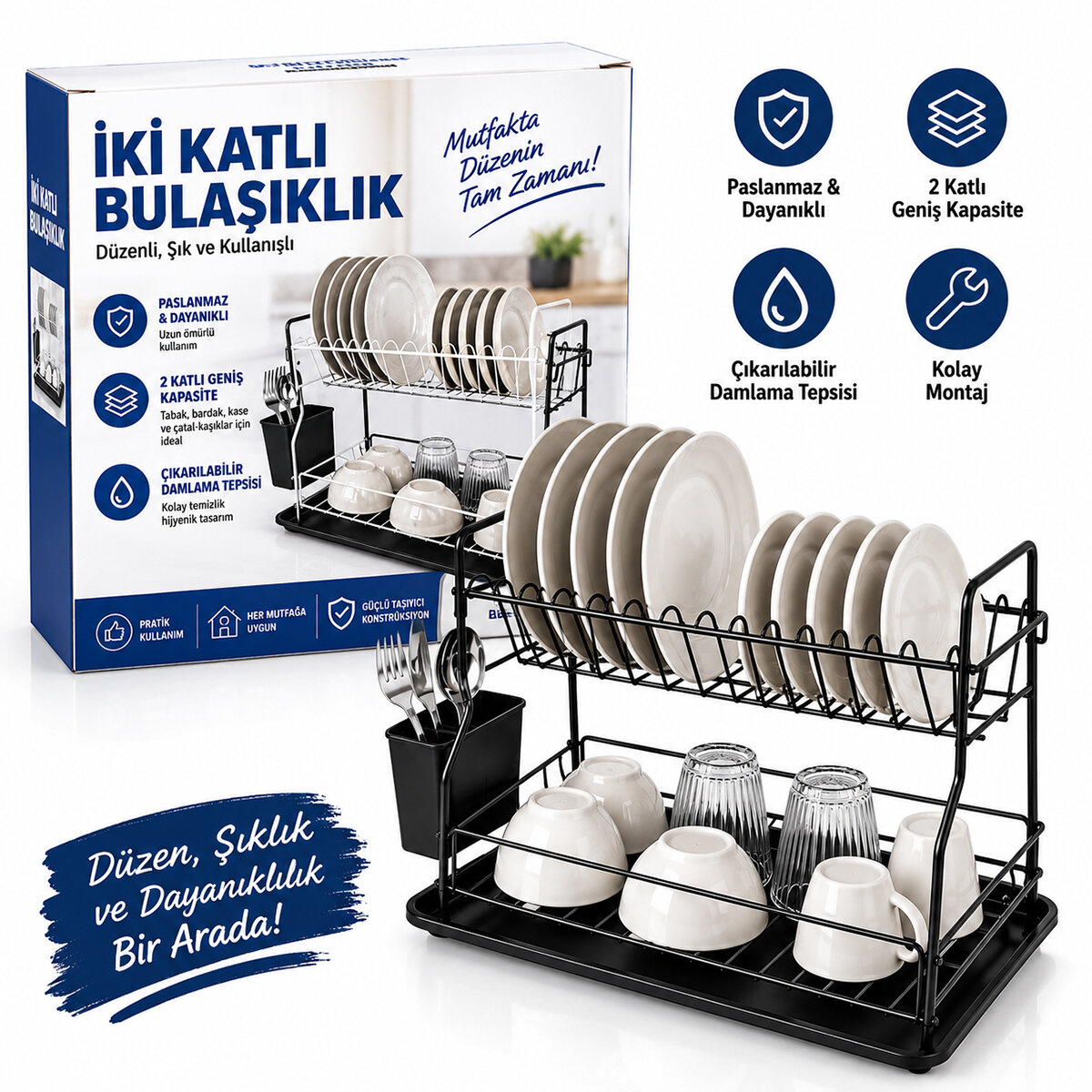 SİYAH - METAL 2 KATLI TABAKLIK - BULAŞIKLIK