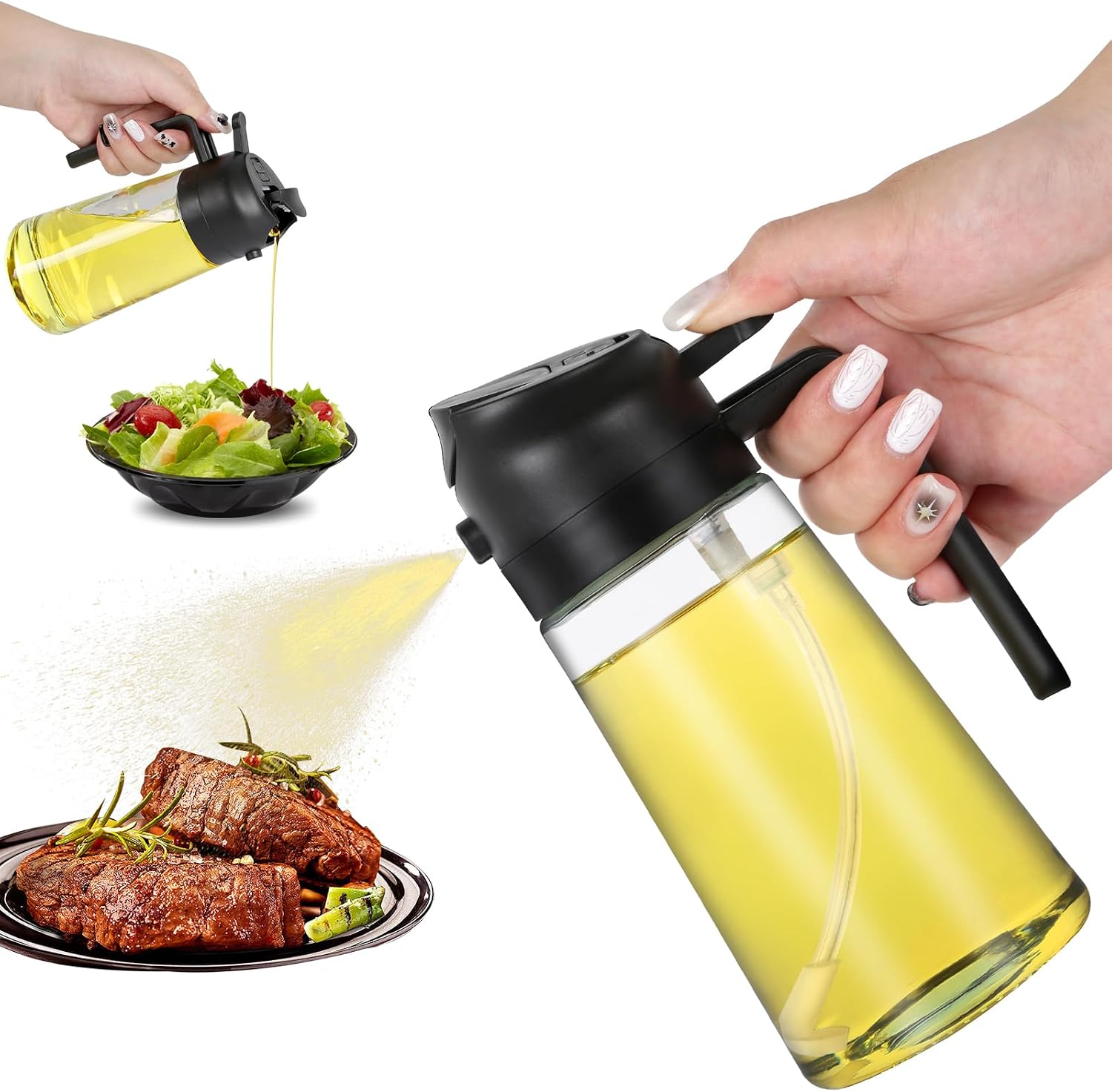 Yağ Püskürtme Şişesi, 2'li Yağ Dağıtıcı ve Püskürtücü, Mutfak için 470ml Yağ Şişesi, Hava Fritözü, Barbekü Salata ve Biftek için Yağ Püskürtme Şişesi'