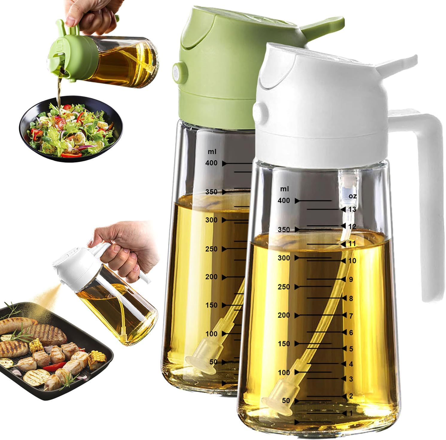 16oz/470ml Pişirme için Cam Zeytinyağı Püskürtücü - Mutfak Aletleri, Hava Fritözü, Salata ve Barbekü için 2'si 1 Arada Zeytinyağı Dispenseri - Beyaz ve Yeşil