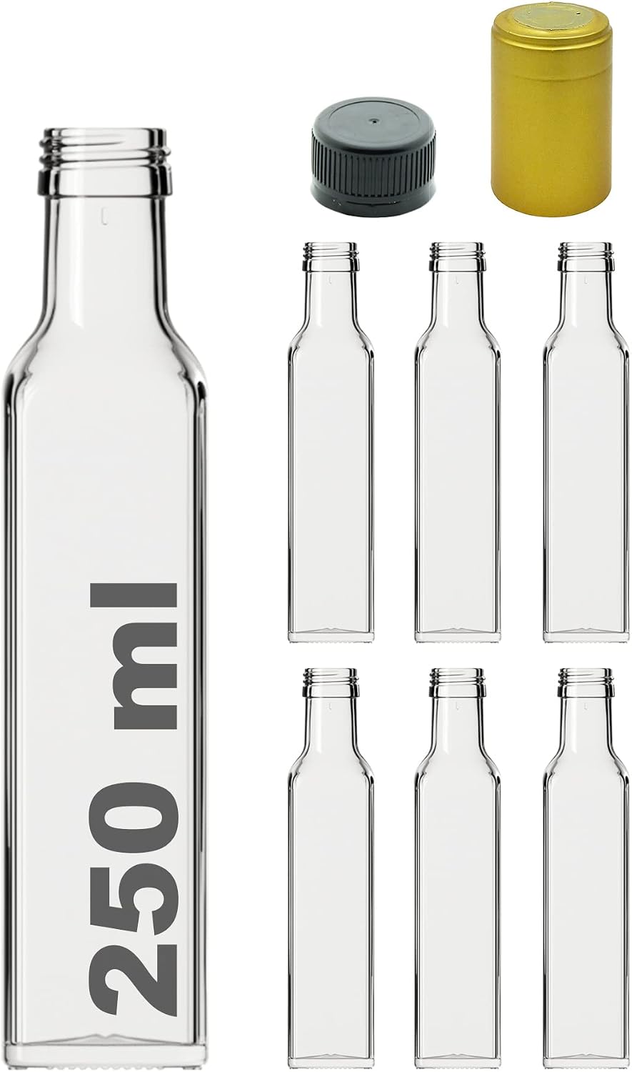 Kalın Cam Şişe Seti, 250 ml, Yağdanlık Akıtıcılı Kapaklı, Yağlık ve Sirkelik, Kapüşonlu, 6 Adet, Yeniden Kullanılabilir (Şeffaf, Maraska (Kare))