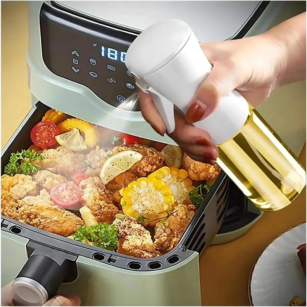 Sprey Yağdanlık Cam Şişe Yağ Püskürtücü 200 ml - Airfryer, Kızartma, Izgara ve Salata İçin Büyük Boy Yağlık (Beyaz)