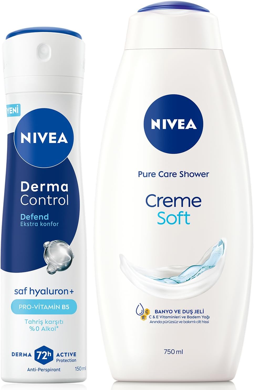 Kadın Sprey Deodorant Derma Control Defend150ml ve Creme Soft Kremsi Dokunuş Duş Jeli 750ml,Hyaluron
