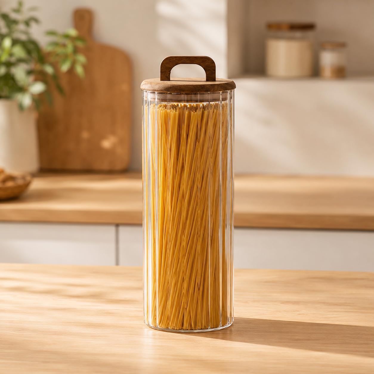 Akasya Kapaklı Cam Kavanoz 1550 ml, Şeffaf Çizgili Cam Saklama Kavanozu, Ahşap Kulplu Kapaklı Mutfak Düzenleyici, Makarna Spagetti Bakliyat Kahve Kuruyemiş Kuru Gıda Saklama Kabı