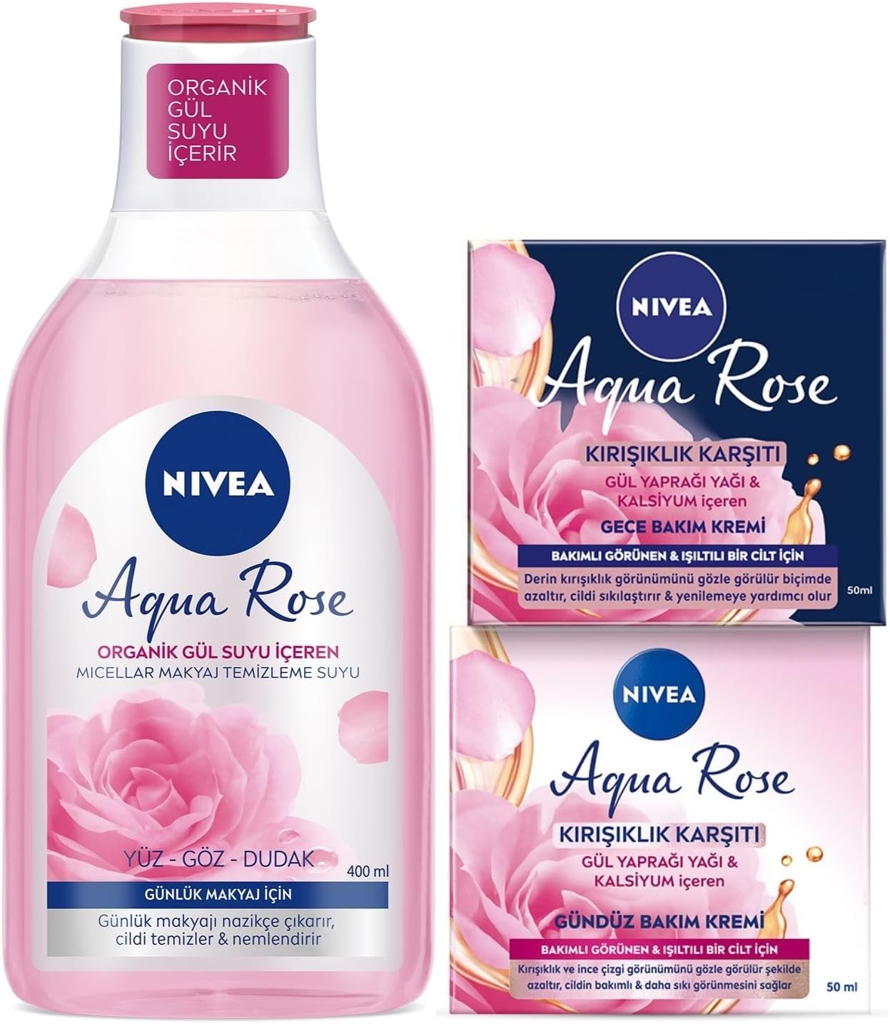 Aqua Rose Günlük Micellar Makyaj Temizleme Suyu 400ml, Kırışıklık Karşıtı Gündüz ve Gece Bakım Kremi 50ml, Organik Gül Suyu, Kalsiyum, İnce Çizgi Görünümü