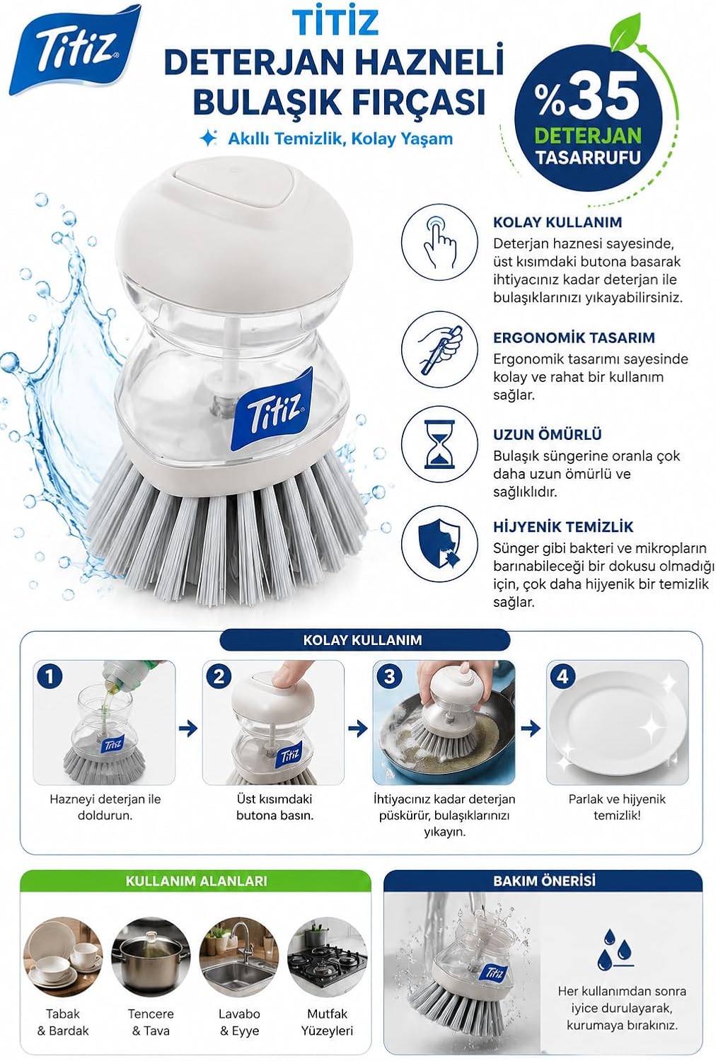 Titiz Deterjan Hazneli Bulaşık Fırçası, Basmalı Sıvı Deterjan Hazneli Mutfak Temizlik Fırçası, Ergonomik Tasarım Hijyenik ve Uzun Ömürlü, Tencere, Tava, Tabak, Çok Amaçlı Temizlik Fırçası