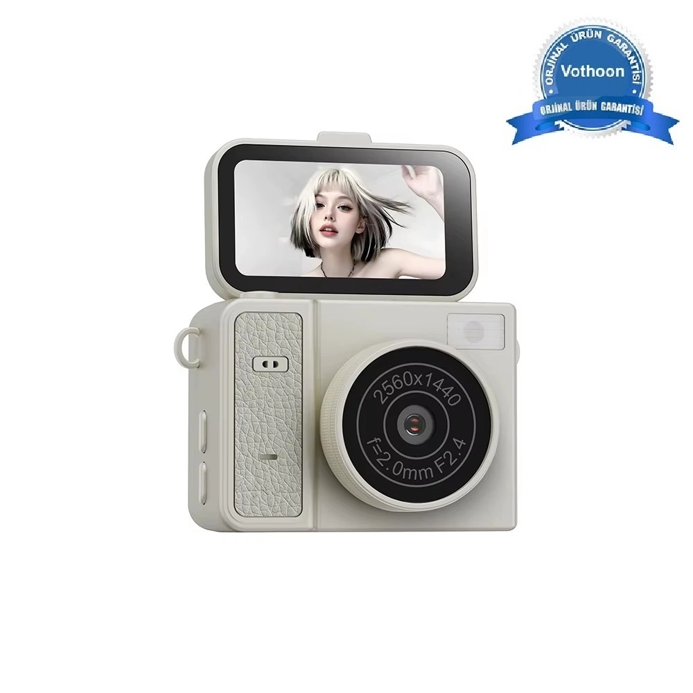 2K Mini Dijital Retro Video Kamera Flaşlı Dijital Vlog Mini Fotoğraf Makinesi Türkçe Menü Bej