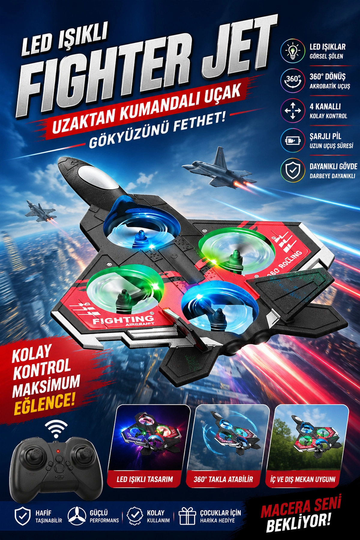 LED Işıklı Oyuncak Drone Fighter Jet Tasarımlı Uzaktan Kumandalı Uçak
