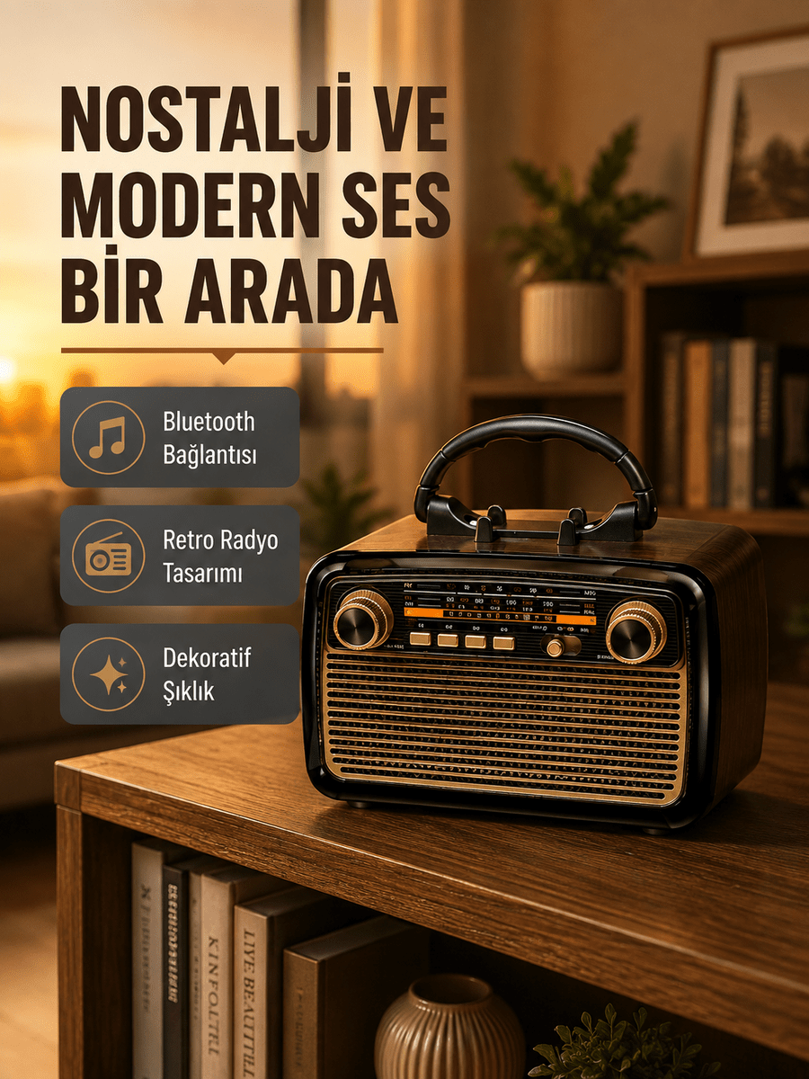 LED’li Nostaljik Bluetooth Hoparlör – Vintage Tasarım, Ahşap Doku