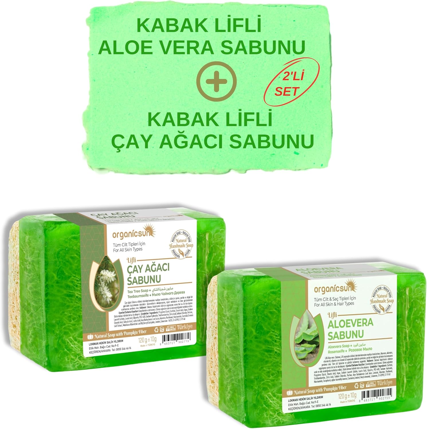 2'li Set Doğal Kabak Lifli Aloe Vera Sabunu ve Kabak Lifli Çay Ağacı Sabunu
