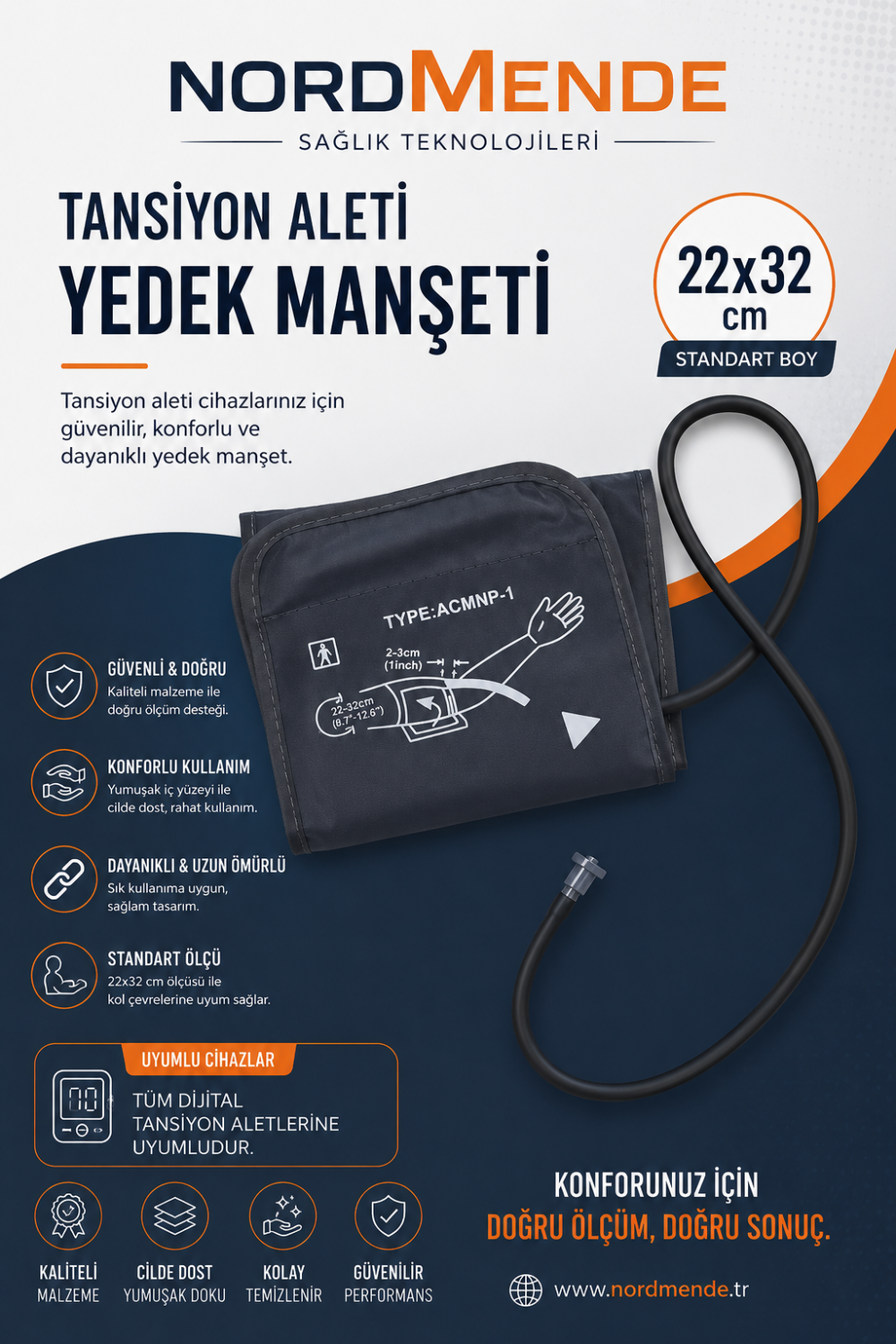 Dijital Tansiyon Aleti Manşeti 22-42 cm Evrensel Yedek Kol Manşeti Tüm Dijital Tansiyon Aletleri ile Uyumlu