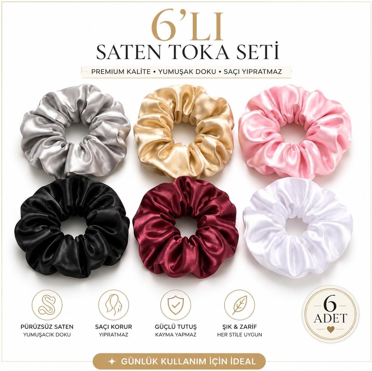 Saten Saç Tokası, 6'lı Set, Bordo, Beyaz, Siyah, Gold, Pembe, Gümüş, Saç Yolmaz, İz Yapmaz